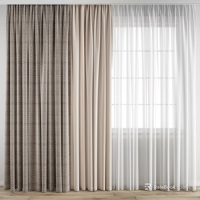 Window Blinds With Dark Brown Dotted And Beige Curtains Next To Window With Natural Light 3d model 