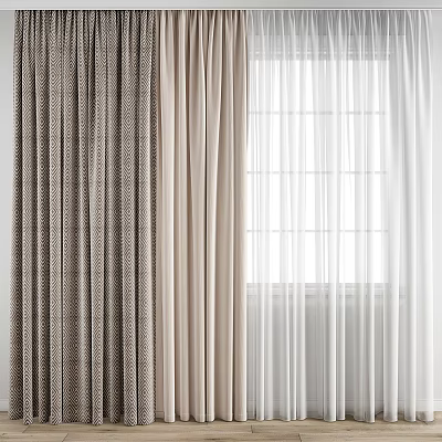 Window Blinds With Dark Brown Dotted And Beige Curtains Next To Window With Natural Light 3d model