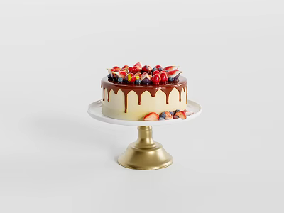 Delicious Fruit Topped Cake With Chocolate Drizzle On Gold Cake Stand 3d model