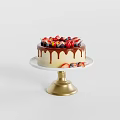 Delicious Fruit Topped Cake With Chocolate Drizzle On Gold Cake Stand