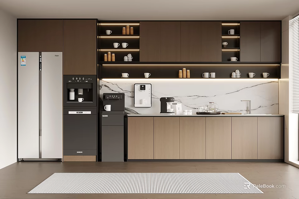 Modern Kitchen Interior With Wooden Cabinets Marble Countertop And Stainless Steel Appliances 3d model 
