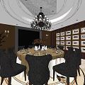 Elegant Private Dining Room With Round Table Black Chairs Chandelier And Framed