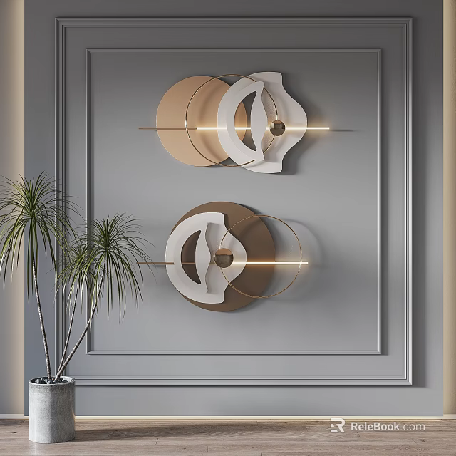 Modern Geometric Circular Wall Decor With Gold White Accents On Gray Wall And Palm Plant 3d model 