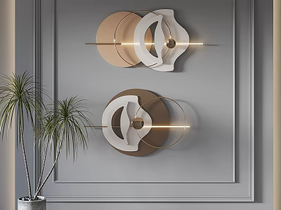 Modern Geometric Circular Wall Decor With Gold White Accents On Gray Wall And Palm Plant 3d model