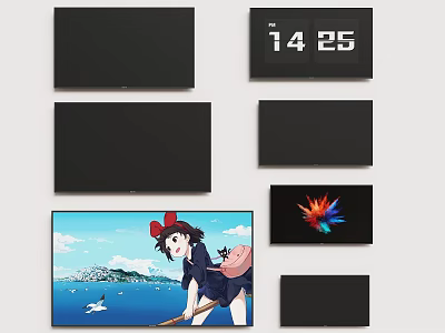 Modern TVs In Various Sizes With Animated Character And Clear 3d model