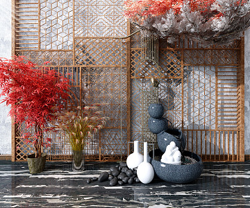 New Chinese style landscape sketch bonsai ornaments background wall modeling wall and floor tiles waterscape 3d model