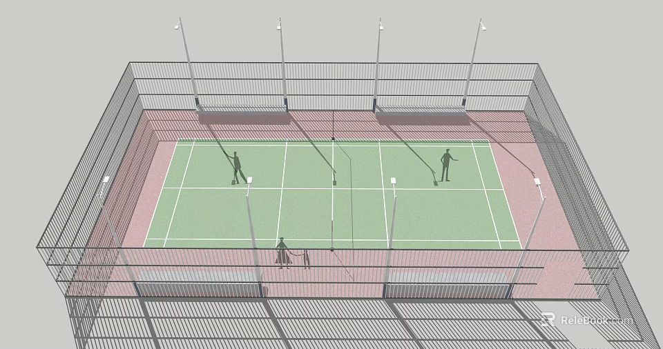 Outdoor Tennis Court Fitness Session With Players Playing And Surrounding Lights Fence 3d model 