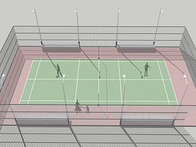 Outdoor Tennis Court Fitness Session With Players Playing And Surrounding Lights Fence 3d model