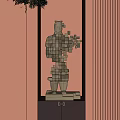 Geometric Cube Block Terracotta Warrior Sculpture Carving With Pink Vertical Stripe Background And Display Cabinet