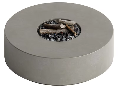 Modern Round Concrete Fire Pit With Wood Logs And Black Stones 3d model