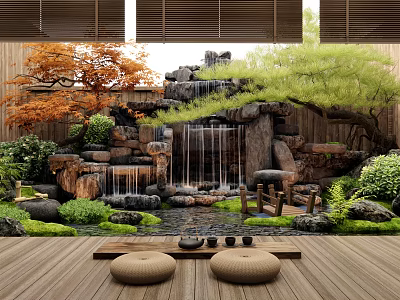 Serene Courtyard Garden with Waterfall Rocks Orange Green Trees Wooden Deck and Floor Cushions 3d model