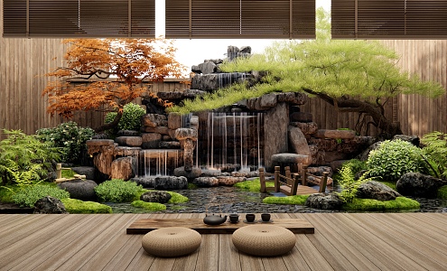 Japanese-style rockery waterscape water drop water overlap landscape Zen courtyard landscape stone rockery plant landscape landscaping plant pile red maple pine shrub 3d model