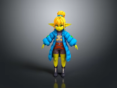 Yellow Skinned Elf Character With Blonde Ponytail Pointed Ears Blue Puffer Jacket And Orange Top 3d model