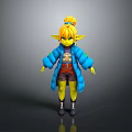 Yellow Skinned Elf Character With Blonde Ponytail Pointed Ears Blue Puffer Jacket And Orange Top