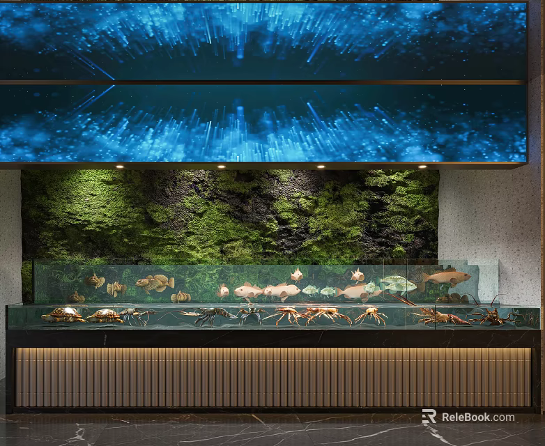 Indoor Aquarium Display With Various Aquatic Creatures Green Plant Wall And Soft Lighting 3d model 
