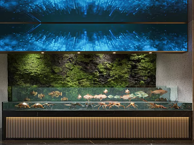 Indoor Aquarium Display With Various Aquatic Creatures Green Plant Wall And Soft Lighting 3d model