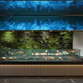 Indoor Aquarium Display With Various Aquatic Creatures Green Plant Wall And Soft Lighting