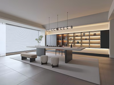 Modern Minimalist Tea Room Interior Design With Long Table Shelves Stools And Hanging Lights 3d model