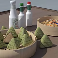 Traditional Chinese Food Display With Bamboo Steamers Glutinous Rice Dumplings Condiment Bottles Chopsticks And Spoons