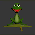 Cartoon Style Green Frog With Big Eyes Sitting On Yellow Lily Pads
