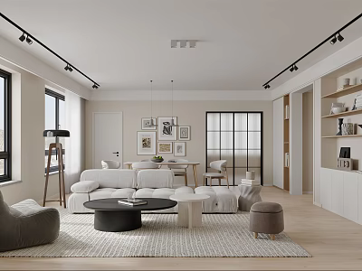 Modern Living Dining Room Interior With Track Lighting Sofa Coffee Table And Neutral Tones 3d model