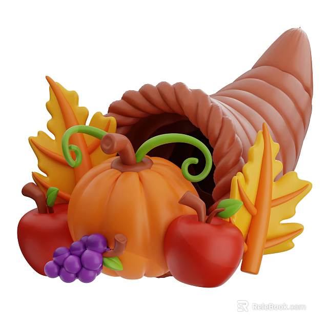 Ripe Red Apples and Juicy Purple Grapes in Harvest Cornucopia with Autumn Leaves 3d model 