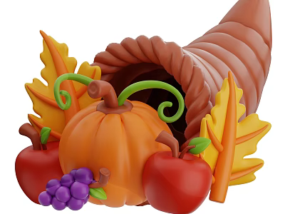 Ripe Red Apples and Juicy Purple Grapes in Harvest Cornucopia with Autumn Leaves 3d model