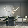 Modern Round Dining Table Set With Green Chairs Circular Pendant Lights And Herringbone Floor 3d model