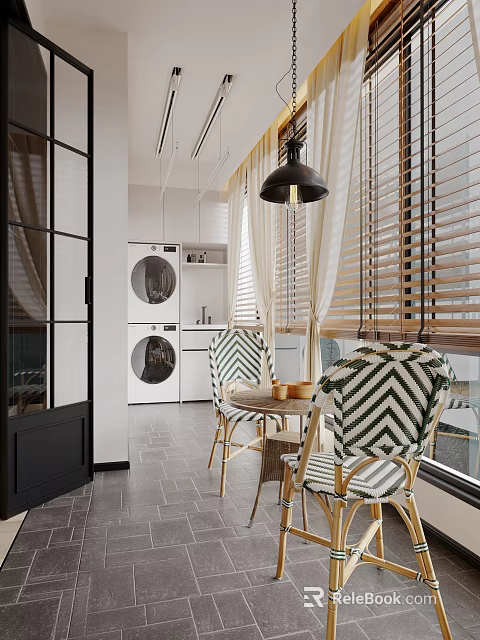 Modern Home Balcony Interior Design With Washing Machine Striped Chairs And Venetian Blinds 3d model 