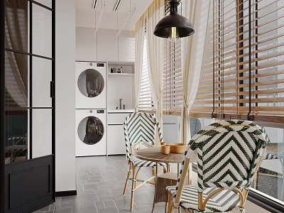 Modern Home Balcony Interior Design With Washing Machine Striped Chairs And Venetian Blinds 3d model