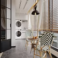 Modern Home Balcony Interior Design With Washing Machine Striped Chairs And Venetian Blinds