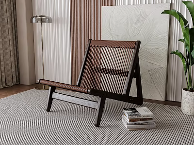 Elegant Leisure Chair With Wooden Frame Woven Design On Striped Rug Near Stack Of Books 3d model