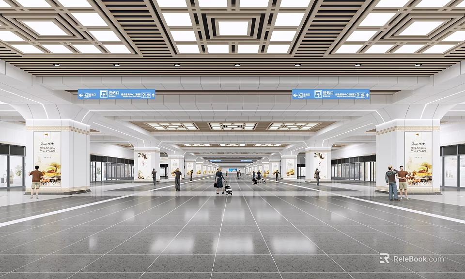 Modern Station Interior With Spacious Hall Ceiling Lights Direction Signs And Pedestrians 3d model 