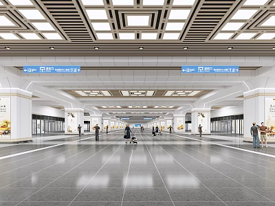 Modern Station Interior With Spacious Hall Ceiling Lights Direction Signs And Pedestrians 3d model