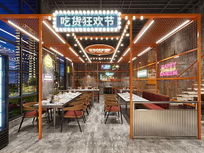 Modern Industrial Restaurant Interior With Metal Frames Lighting Decor And Foodie Festival Theme 3d model