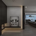 Modern Living and Dining Room with Gray Sofa Piano Floor to Ceiling Windows and Pendant Lights