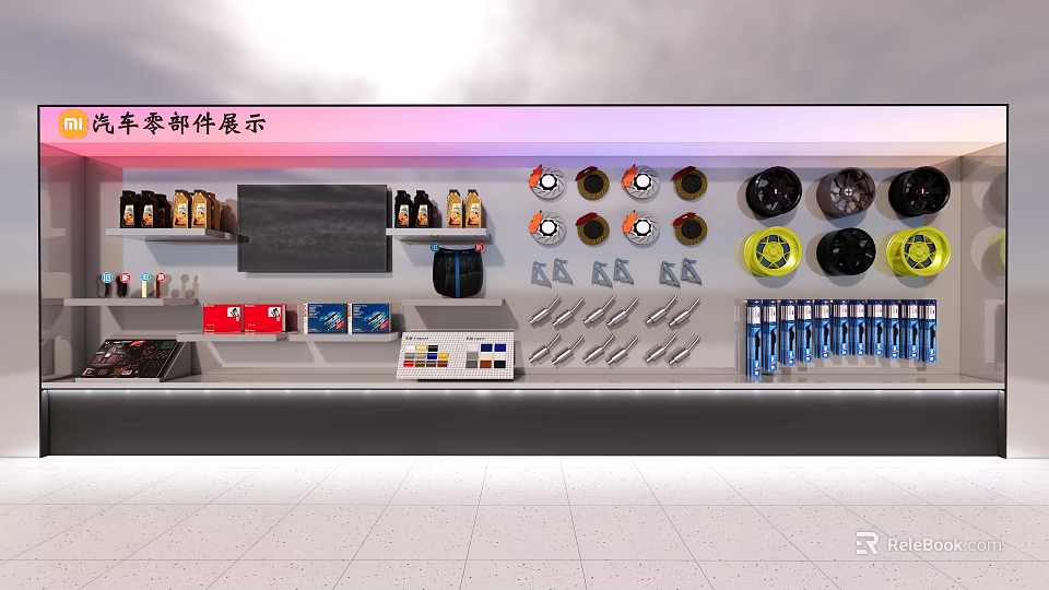 Various Auto Parts Display with Shelves and Organized Components in Showroom 3d model 