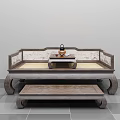 Traditional Wooden Arhat Daybed Interior With Carved Frame And Tea Table Setup
