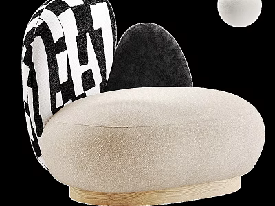 Modern Single Sofa With Beige Cushion Black White Geometric Pattern Backrest And Wooden Base 3d model