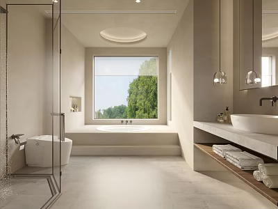 Modern Sleek Bathroom Interior With Freestanding Bathtub Glass Shower And Large Natural Window 3d model
