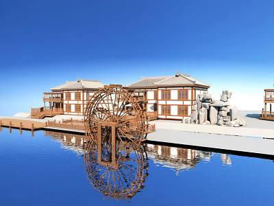 Traditional Chinese Ancient Architecture With Wooden Water Wheel And Water Reflection Under Blue Sky 3d model