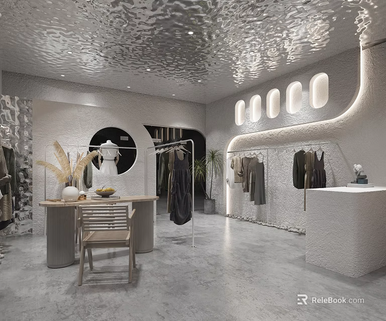Modern Clothing Store Interior With Display Racks Mannequins And Lights 3d model 