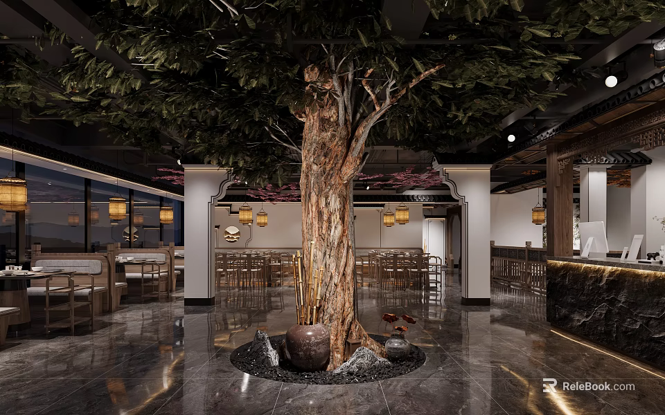 Restaurant Interior Featuring Central Large Tree Decorative Stone Basin And Wooden Furniture 3d model 