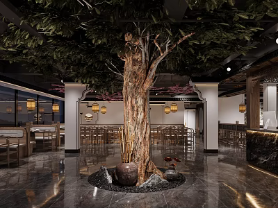 Restaurant Interior Featuring Central Large Tree Decorative Stone Basin And Wooden Furniture 3d model