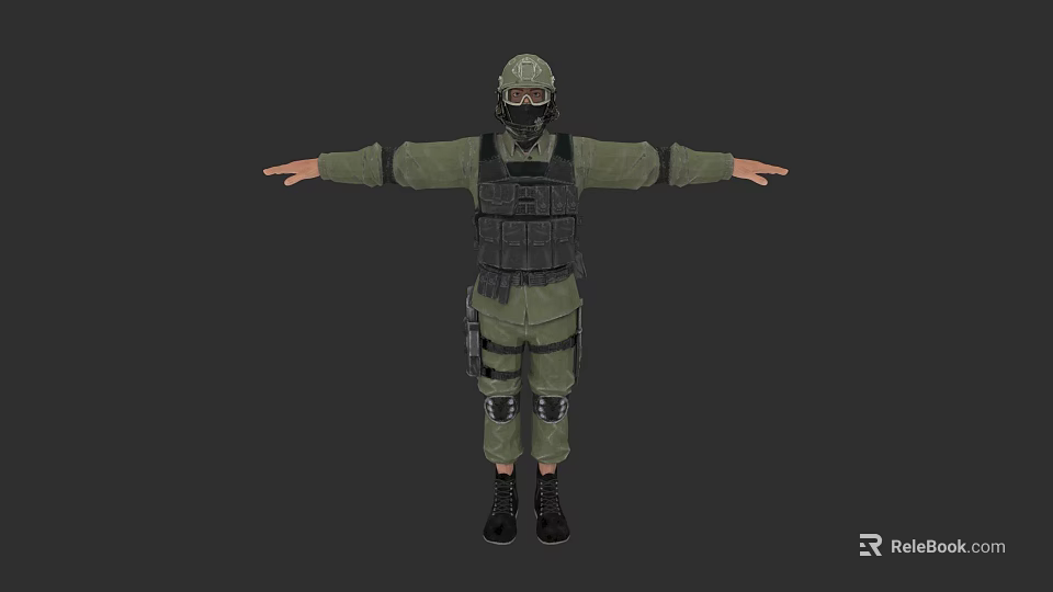 Game Movie Character In Green Military Uniform With Tactical Vest Helmet Mask And Outstretched Arms 3d model 
