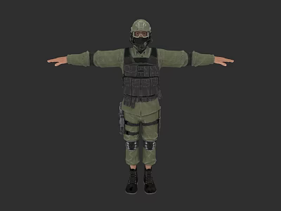 Game Movie Character In Green Military Uniform With Tactical Vest Helmet Mask And Outstretched Arms 3d model