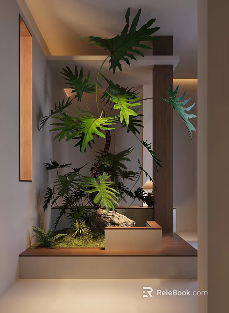 Natural Entryway Hallway Interior Design With Large Green Plants Wooden Accents And Stone 3d model 