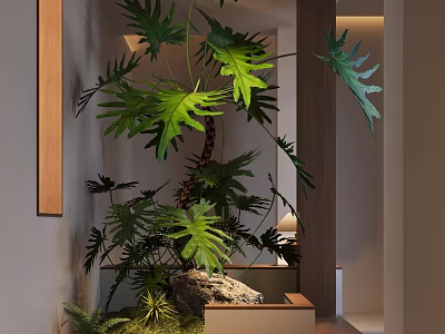 Natural Entryway Hallway Interior Design With Large Green Plants Wooden Accents And Stone 3d model