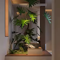 Natural Entryway Hallway Interior Design With Large Green Plants Wooden Accents And Stone