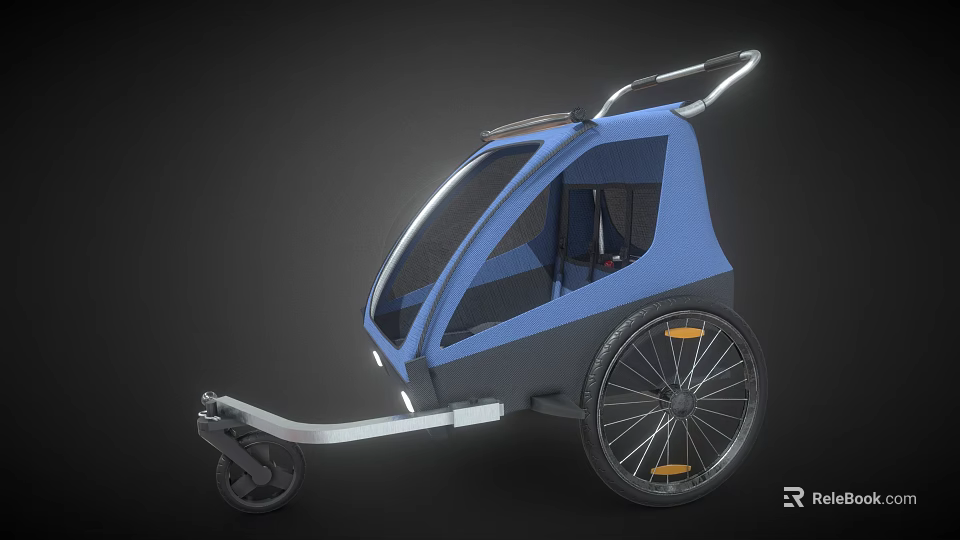 Blue Bicycle Trailer With Cabin Transparent Windshield Silver Frame And Orange Accent Wheels 3d model 